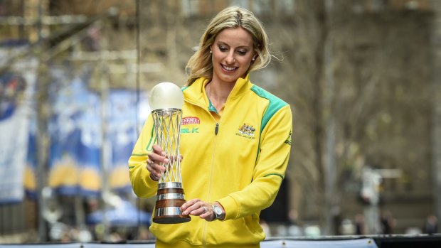 Laura Geitz with the Netball World Cup in Martin Place, Sydney. 