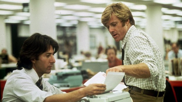 Robert Redford, right, and Dustin Hoffman portray in the movie, All the President's Men.