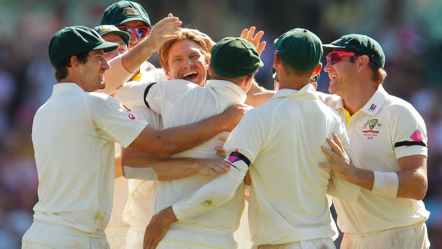 Happy days: Shane Watson and the Australians celebrate the wicket of Suresh Raina.