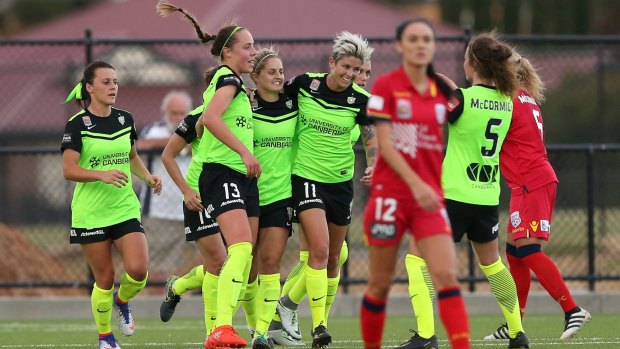Canberra United celebrate Ellie Brush's first half goal against Adelaide.