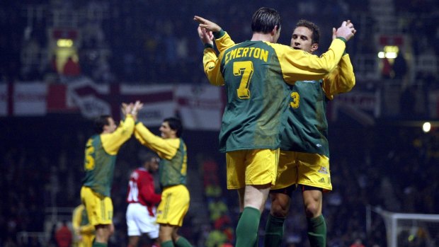 Brett Emerton of Australia celebrates after scoring the third goal for his country during the friendly against England at Upton Park in London on February 12, 2003.
