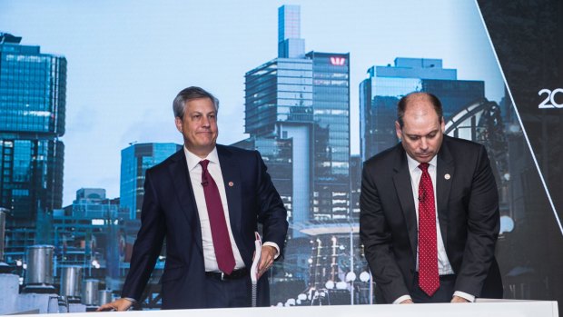 Westpac CEO Brian Hartzer (left) and CFO Peter King (right) at the full-year results on Monday.