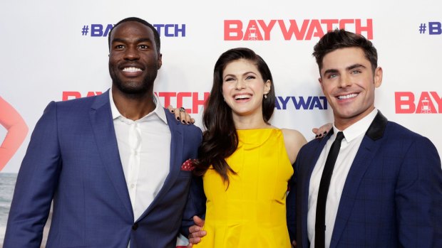 Alexandra Daddario and Zac Efron with Baywatch co-star Yahya Abdul-Mateen at the Sydney premiere on May 18. 