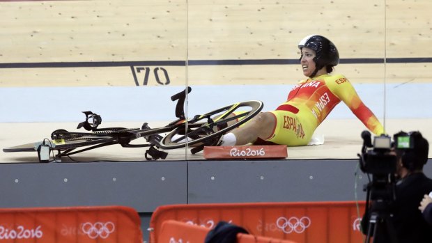 Tania Calvo Barbero of Spain falls after colliding with Olivia Podmore of New Zealand (not in picture).