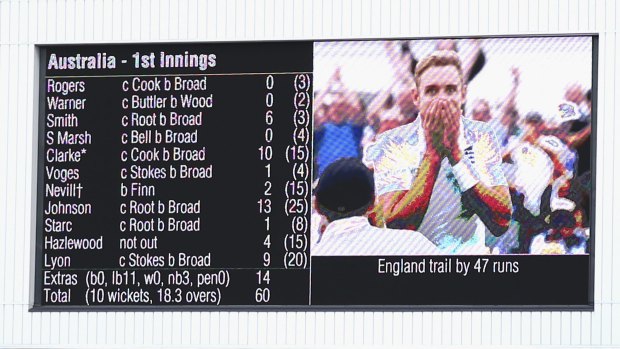 A view of the Australian scorecard showing Stuart Broad of England on the screen.