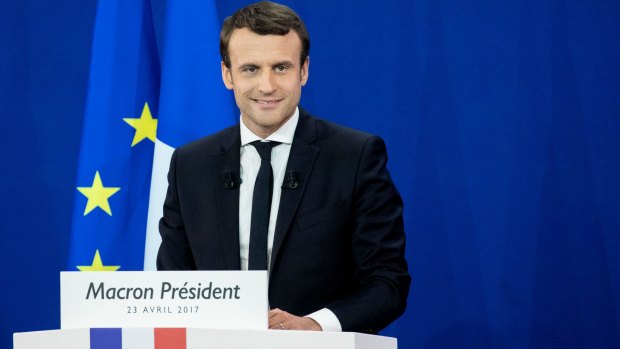Emmanuel Macron as results of the first round of the French presidential election are projected.