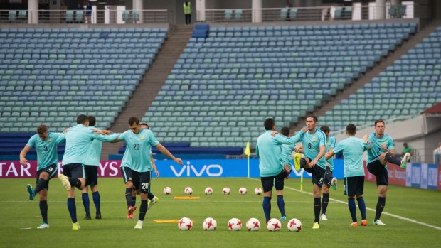 The Socceroos train at the Fisht Stadium in Sochi ahead of their clash with Germany.