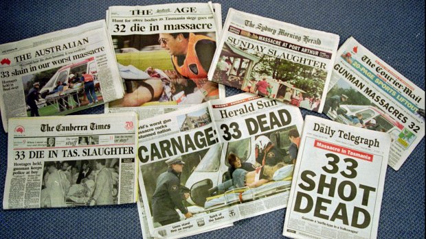 The front pages of Australian newspapers on April 29, 1996, the day after the Port Arthur massacre.