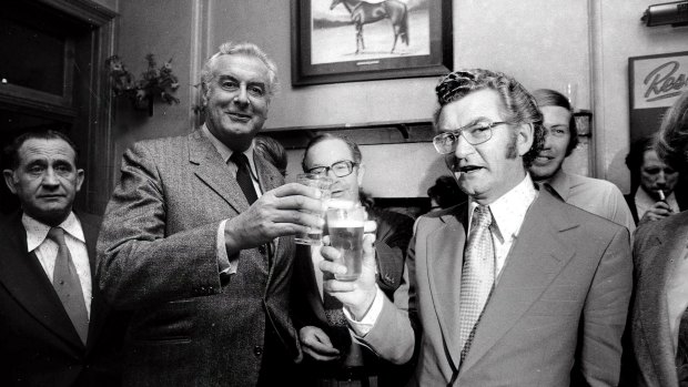 Then prime minister Gough Whitlam at Trades Hall, Sydney in 1974 with future prime minister Bob Hawke. Whitlam brought economists into his administration, while the advice of experts guided economic policy during Hawke's leadership in the 1980s.