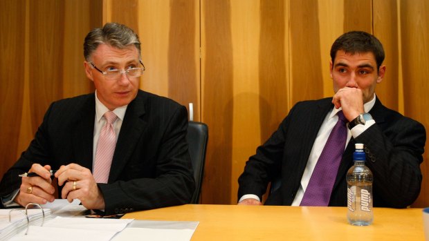 Cameron Smith of the Melbourne Storm and his barrister Geoff Bellew in 2008. 