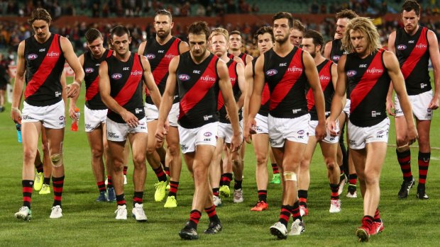 The Bombers trudge from the field after losing to the Crows in round four. Photo: Getty Images