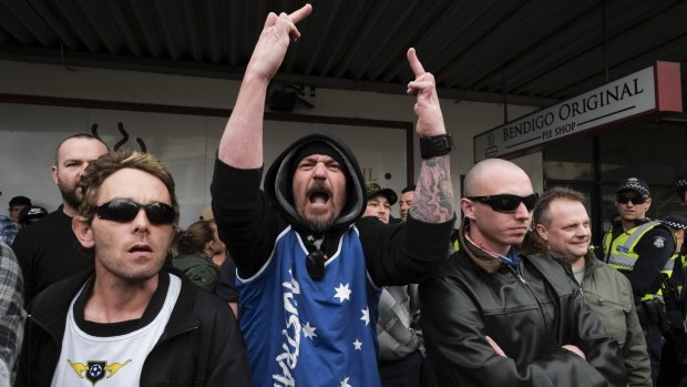 'Patriots' at a protest against a Bendigo mosque last year.