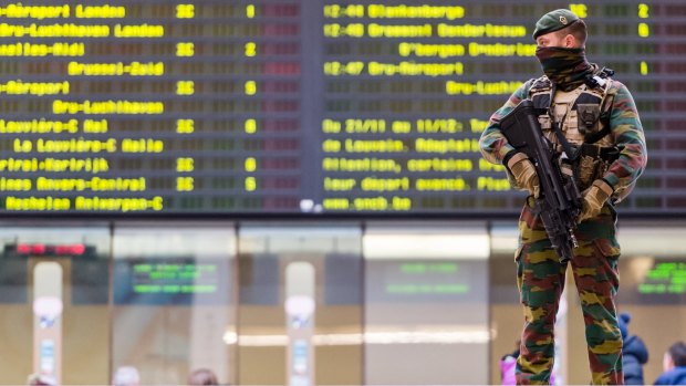 A Belgian soldier on guard in the main train station in the center of Brussels in the days after the Paris attacks last November.