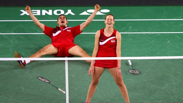 More gold for England: Gabrielle and Chris Adcock win the mixed doubles gold.