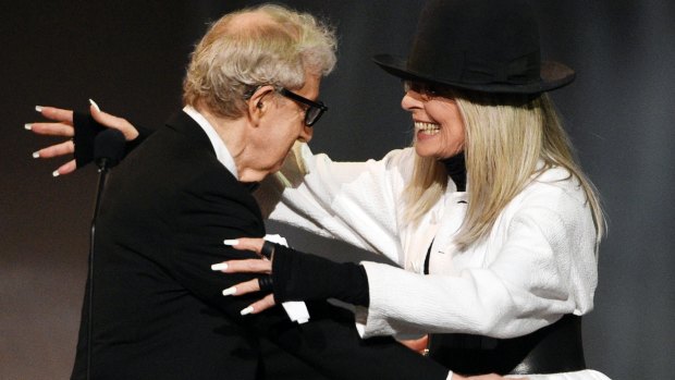 Woody Allen greets actress Diane Keaton onstage to give her the 45th AFI Life Achievement Award during a gala tribute to her at the Dolby Theatre on June 2017, in Los Angeles. 