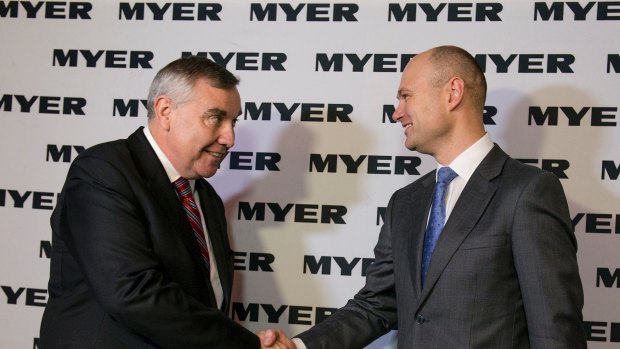 Outgoing CEO Bernie Brookes with incoming CEO Richard Umbers: Myer's "Weak end for Bernie" has been fun, as long as you weren't a shareholder. 