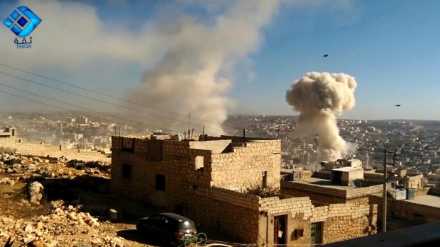 Russian and Syrian government airstrikes pound western rural Aleppo province earlier this month. 