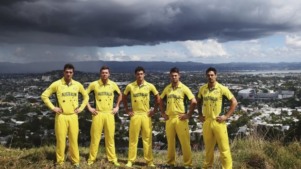 Clouds forming: Australian bowlers Pat Cummins, Josh Hazlewood, Mitchell Starc, Mitch Marsh and Mitchell Johnson at Mount Eden in Auckland on Friday.