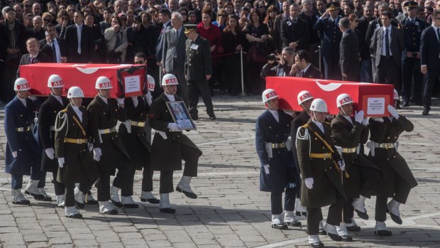 Coffins of the victims of the February 17 car bombing at Kocatepe Mosque.