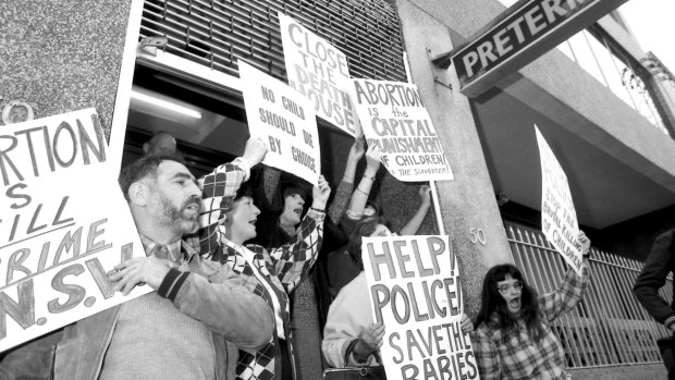 Right-to-life demonstrators block the doorway of the Preterm Clinic in Cooper Street, Surry Hills  in 1985.