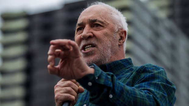 Phil Cleary speaking at a rally to stop redevelopment of the Queen Victoria Market on Friday. 