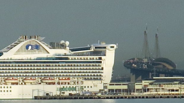 With the West Gate Bridge in the background, the Golden Princess docks at Port Melbourne.