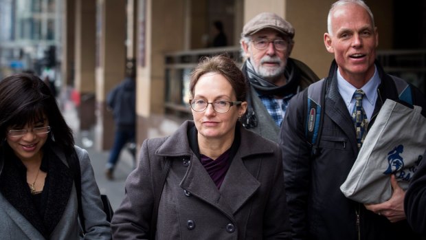 Kathy Clubb, in glasses, outside the Melbourne Magistrates Court on Thursday