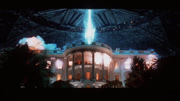 The White House is attacked by a massive spaceship in the 1996 blockbuster <i>Independence Day</i>.