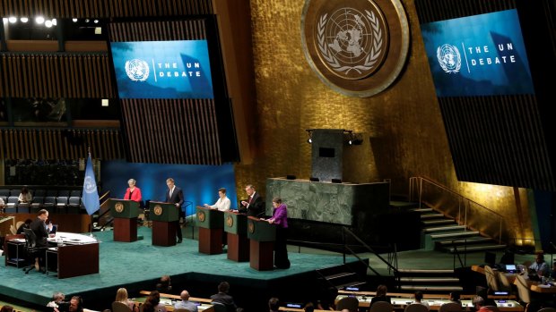 The debate, in the hall which houses the UN General Assembly, was the first ever of its kind. Ten of the current 12 candidates were present.