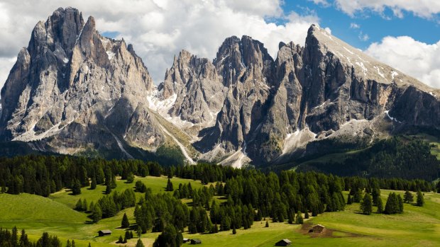 Alpe di Siusi - which at about 1800 metres is Europe's largest high plateau - looking across to two rocky peaks, Sasso Lungo and Sasso Piatto. 