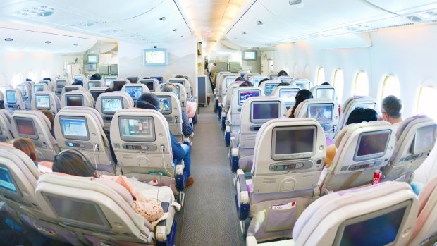 Economy class in an Emirates Airbus A380.