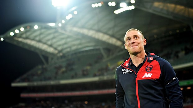 Melbourne Demons head coach and former Adelaide Crows star Simon Goodwin looks on after the round eight AFL match between the Adelaide Crows and the Melbourne Demons at Adelaide Oval. 