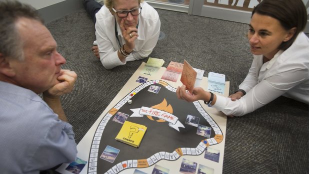 L-R Rowan Mackenzie, Kate Sullivan and Virginia Morris from the Surf Coast Shire play the new fire game.