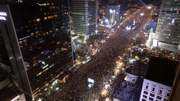 Masses of protesters occupy major streets in the centre of Seoul demanding South Korean President Park Geun-hye's resignation.