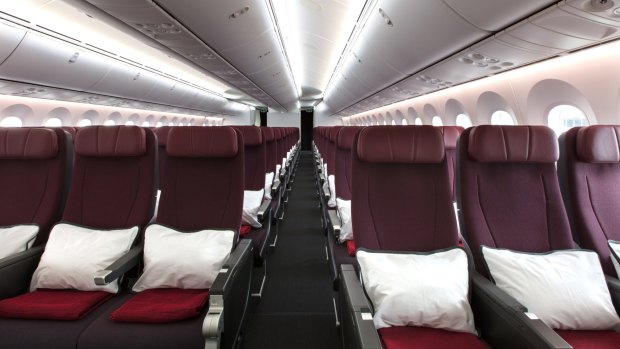 Qantas economy class on a Boeing 787 Dreamliner. The airline has stopped booking passengers into middle seats to assist with social distancing.