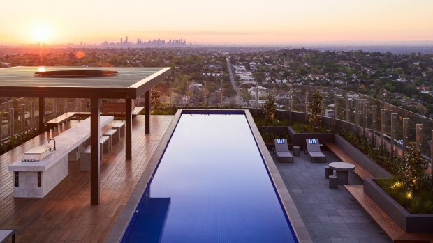 There are impressive sunset views to be had at The Chen's heated rooftop pool in Box Hill, Melbourne.