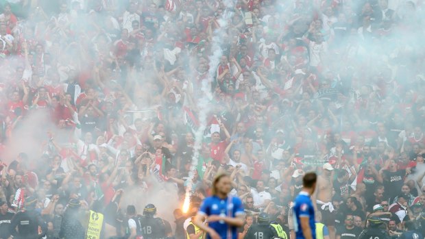Tension: A flare lands in front of Hungary supporters celebrating after Iceland scored an own goal.