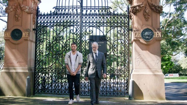 Time portal ... Jonathan Jones and John Kaldor in front of the Garden Palace gates at the Royal Botanic Garden.