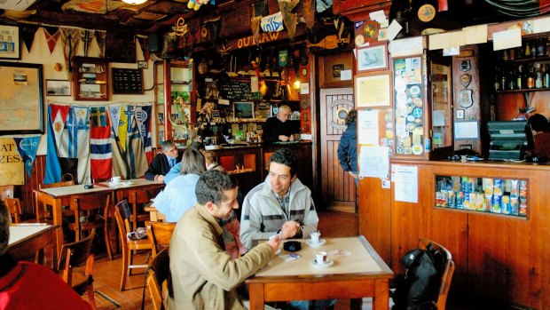 Sailing memorabilia covers the walls and ceiling of the famous Peter's Cafe Sport in Horta. 