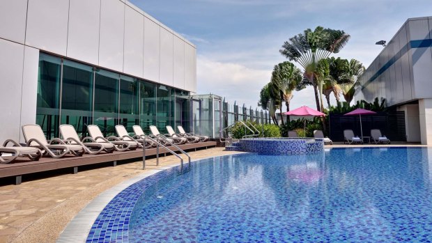 Several airport hotels, such as the Westin Detroit Metropolitan Airport Hotel, also offer indoor pools with scenic views, and other unique pools such as the chlorine-free, rooftop saline pool at the Grand Hyatt Dallas Fort Worth Airport Hotel in Texas. The "therapeutic" pool is filled with mineral-infused water and is said to have a salinity that is "identical to the human tear", according to the hotel.