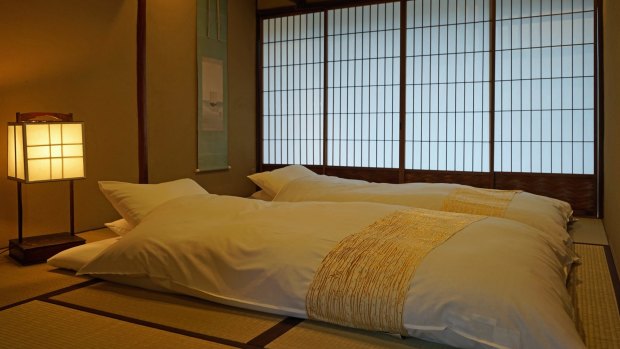 Futons in the tatami bedroom at Oku Zaimoku-cho machiya.
