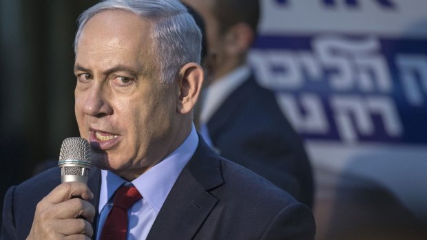 Israeli Prime Minister Benjamin Netanyahu at an election campaign meeting in Netanya.
