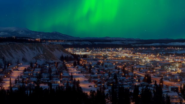 The northern lights over downtown Whitehorse.