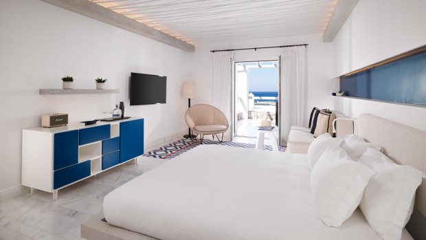 A room at Mykonos Riviera Hotel & Spa.