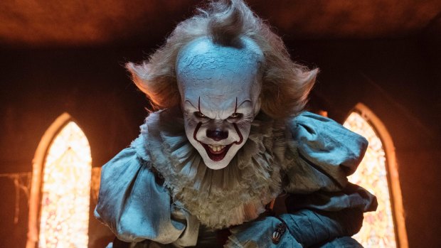 Bill Skarsgard as the evil clown Pennywise in a scene from the film It, based on Stephen King's book.