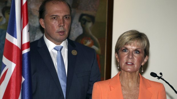 Foreign Minister Julie Bishop and Immigration Minister Peter Dutton at a press conference on the sidelines of the Bali Process meeting. Ms Bishop rejected the view that Indonesia was asking Australia to do more on refugees.
