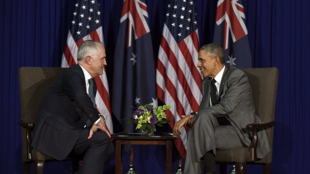U.S. President Barack Obama, right, talks with Australia's Prime Minister Malcolm Turnbull during their meeting in Manila, November, 2015