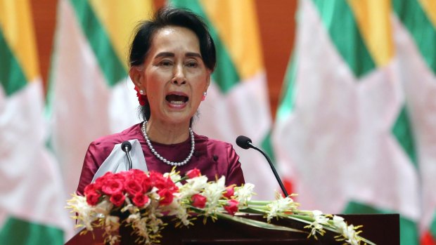 Myanmar's State Counsellor Aung San Suu Kyi delivers a televised speech to the nation on Tuesday.