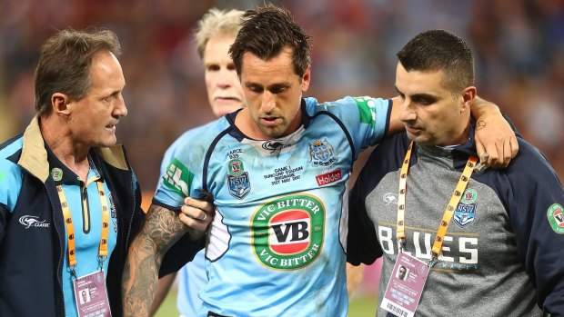 Struggling: Mitchell Pearce was heavily concussed by a hit from Will Chambers in game one of Origin.