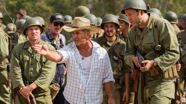 Razzie recipient: Mel Gibson directs actor Vince Vaughn on the set of <i>Hacksaw Ridge</i>.